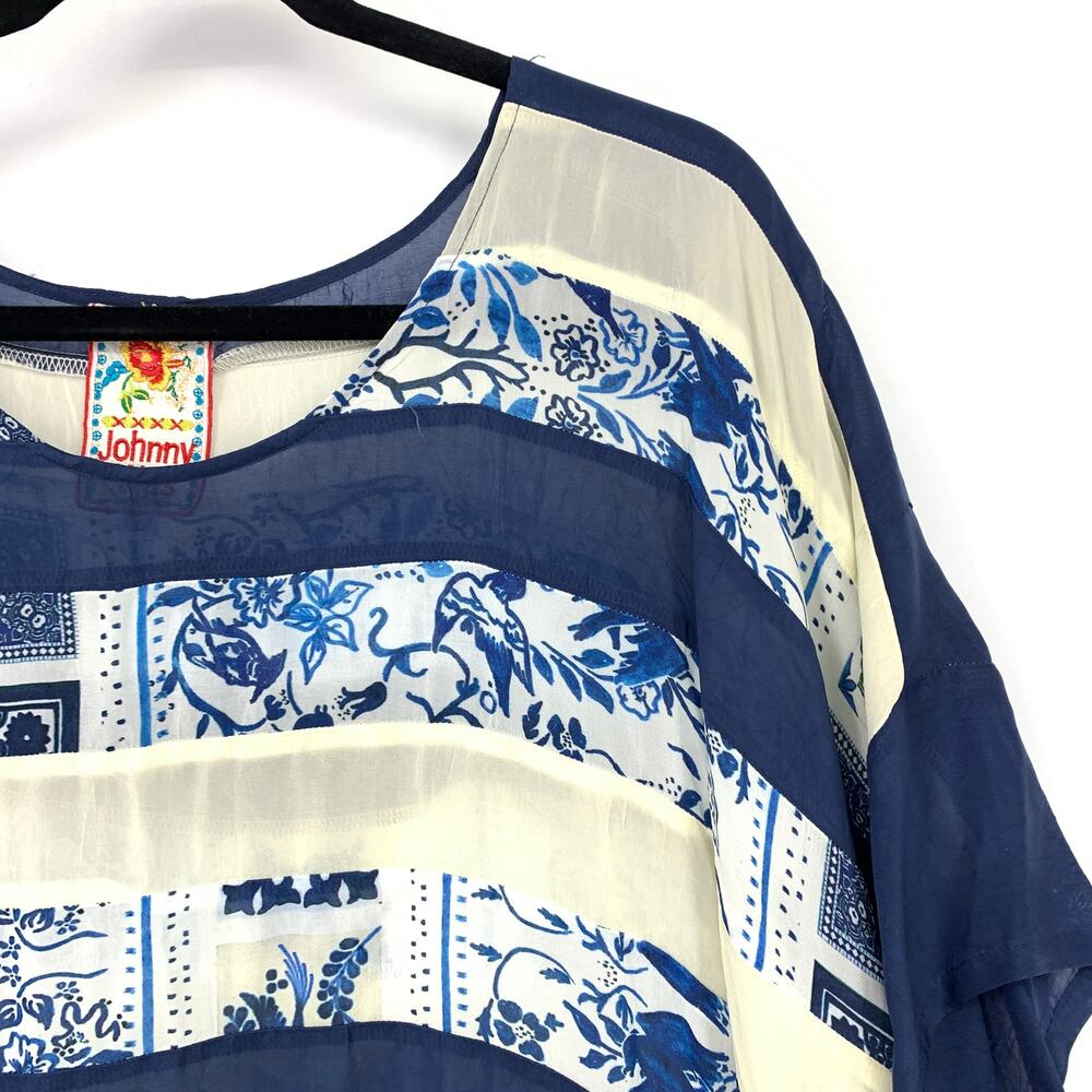 Johnny Was Top Womens L Blue Ivory Mixed Print Patchwork Stripe Oversized - Picture 3 of 6
